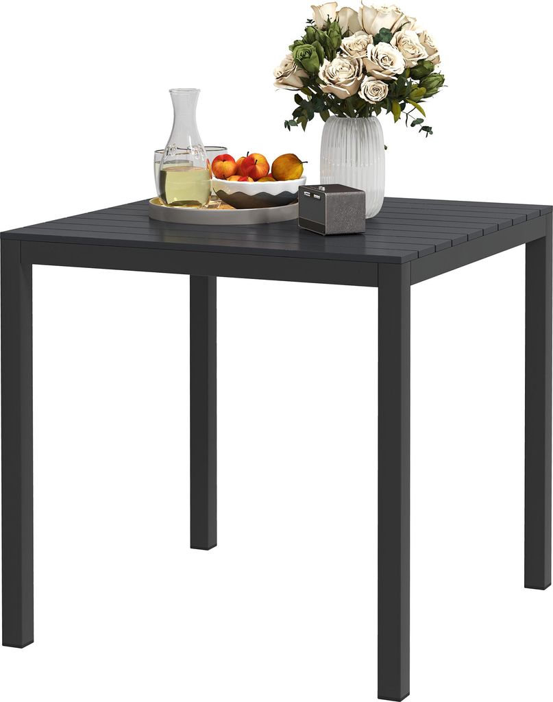 Gartentisch Aluminium 73x73 cm Wetterfest Buffettisch mit Holzoptik, Campingtisch für 4 Personen Schwarz