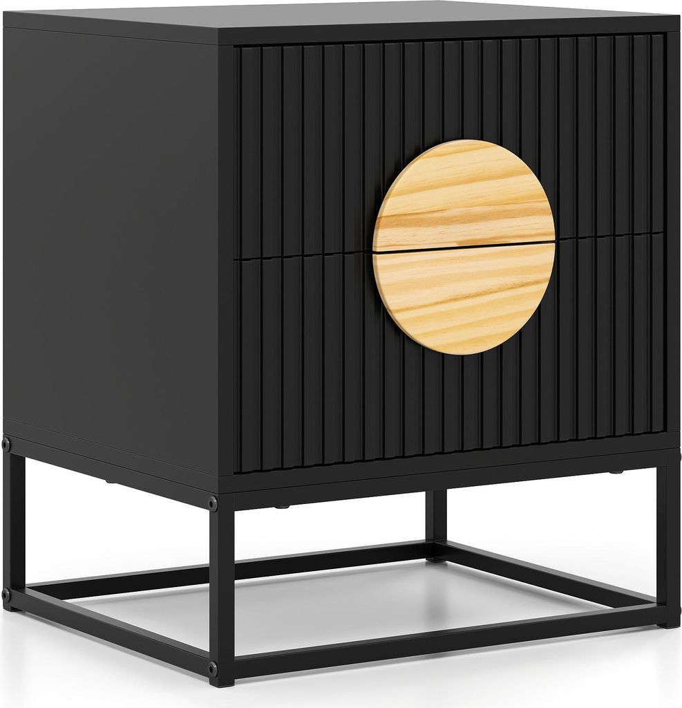 COSTWAY Nachttisch, Beistelltisch mit 2 Schubladen, Kiefernholzgriffen & Metallrahmen, Nachtschrank, Nachtkonsole, Sofatisch 48x40x55cm Schwarz