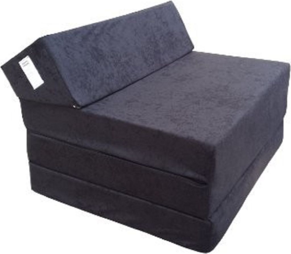 A dark gray foldable mattress or chair is shown against a white background.