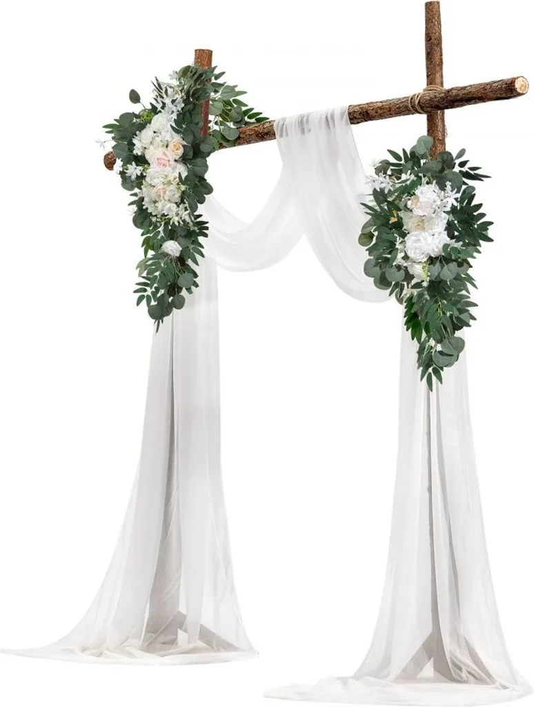 Kit arche de mariage décorative avec voilage et fleurs blanches - 12