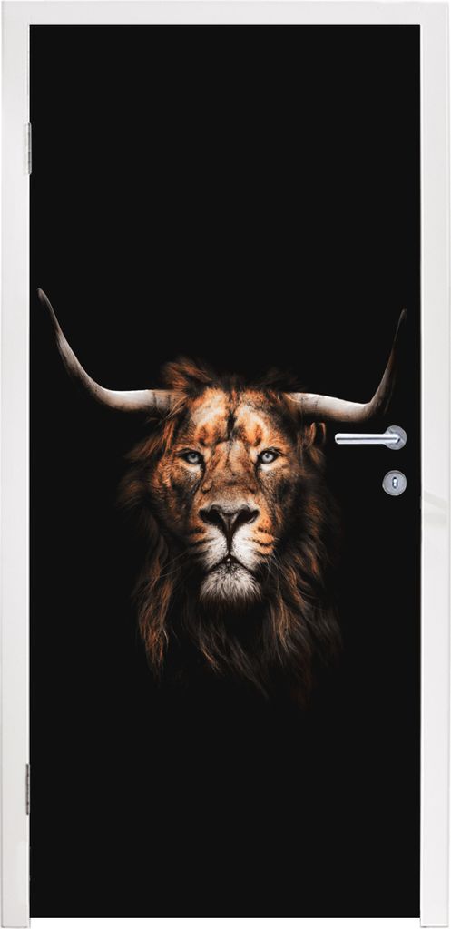 MuchoWow Türtapete Selbstklebende Türfolie Löwe - Horn - Schwarz 80x215 cm Türposter Türaufkleber Klebefolie Türklebefolie - Selbstklebende...