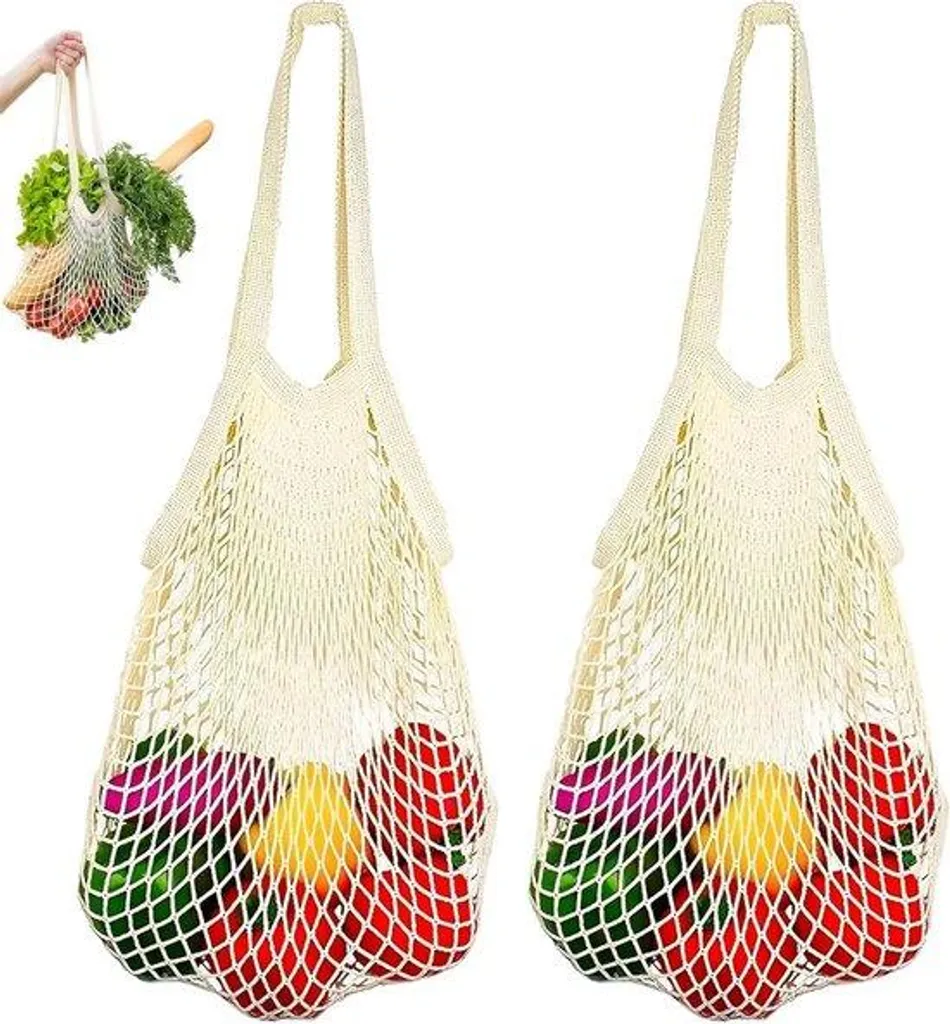 Fini les sacs plastiques : Filet à provisions en coton beige - 2 sacs