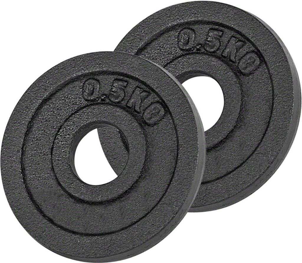 Two black weight plates on a white background.