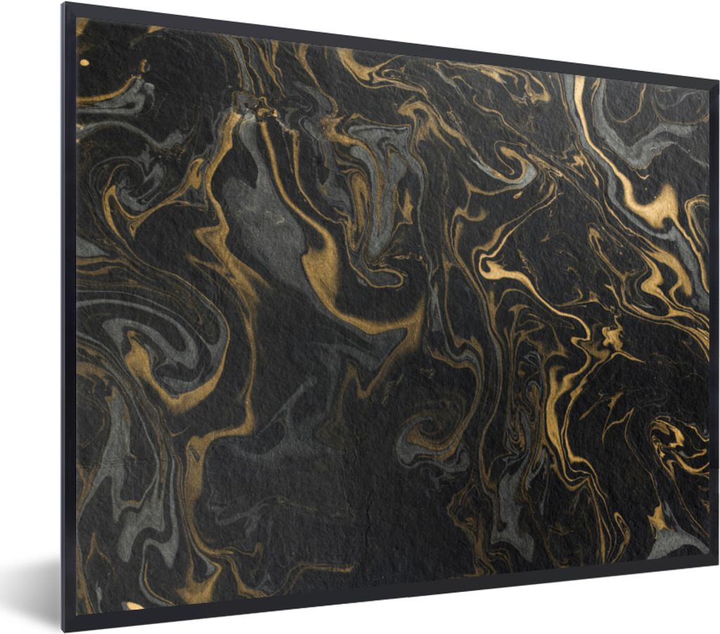 MuchoWow Gerahmtes Poster Marmor - Textur - Grau - Gold - Marmoroptik - Luxus 80x60 cm - Poster mit Schwarzem Bilderrahmen Wandposter Rahmen Foto...