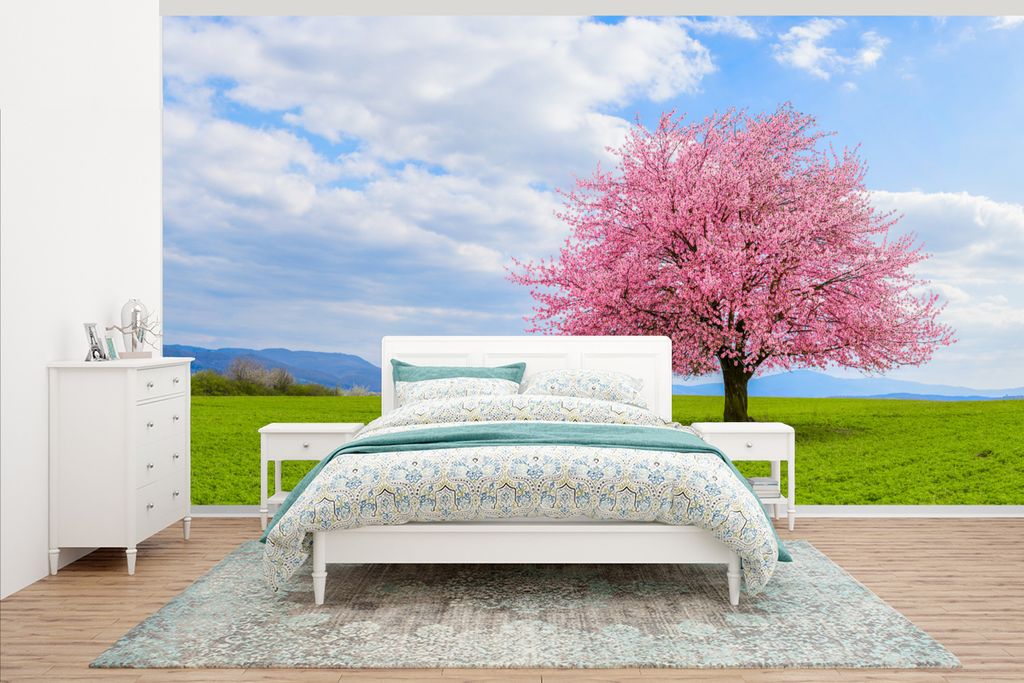 MuchoWow Fototapete für Wohnzimmer oder Schlafzimmer Wandtapete Vinyl Motivtapete Sakura - Farben - Frühling - 395x220 cm - Tapezier Papier