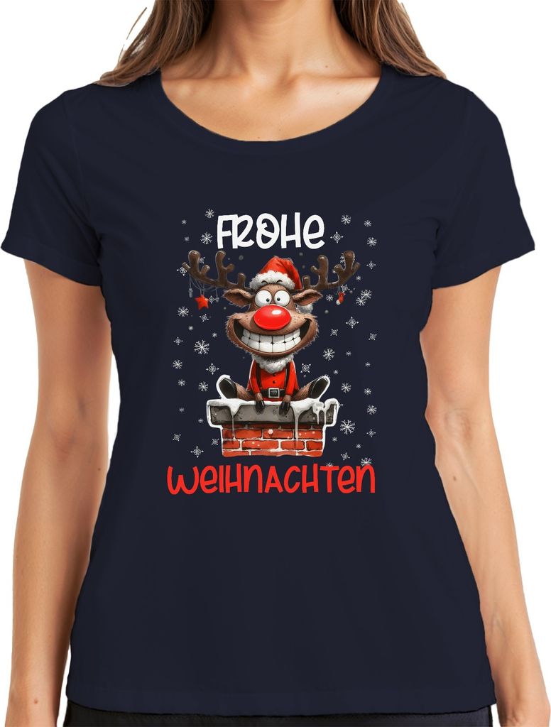 Frohe Weihnachten lustiger Elch Reh Rentier - Weihnachten Xmas Christmas Damen T-Shirt, Navy, 3XL