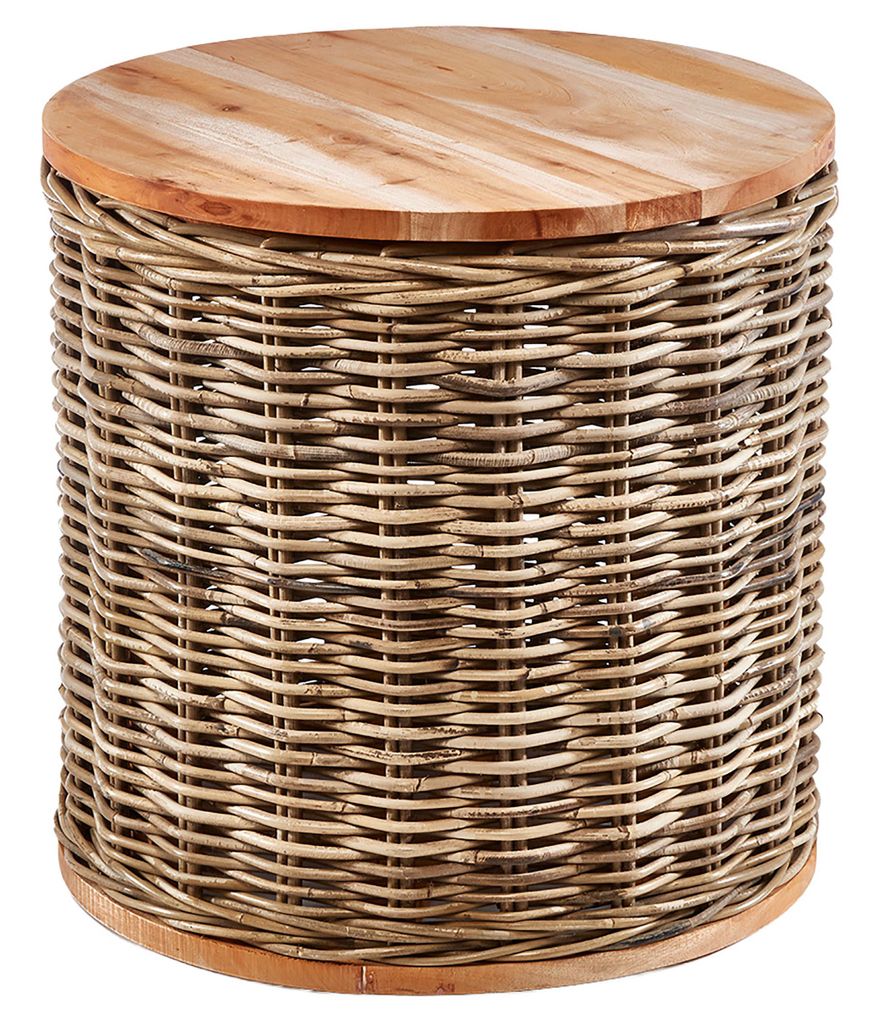Kobolo Beistelltisch MARTA 51x50 cm Mahagoni Holz und Rattan mit abnehmbaren Deckel | Couchtisch Sofatisch Boho Wohnzimmertisch Nachttisch Korb Tische
