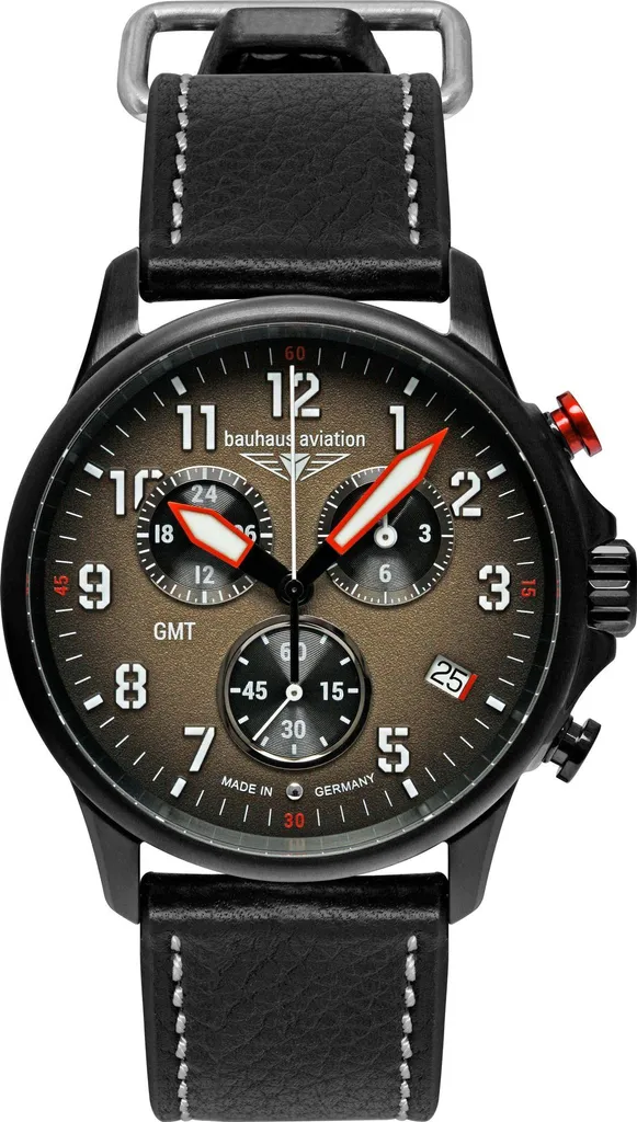 Montre Bauhaus 2886-1 GMT Chronographe Aviation Cadran Noir Acier