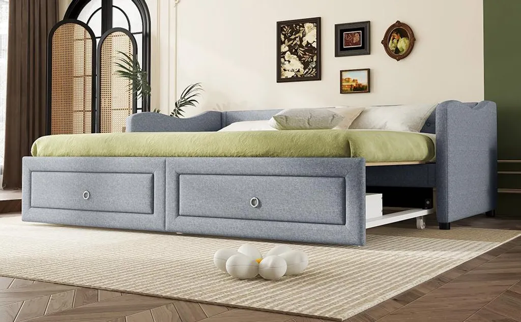 Lit Gigogne 90x200cm Tissu Gris 2 Tiroirs pour Gain de Place Malin