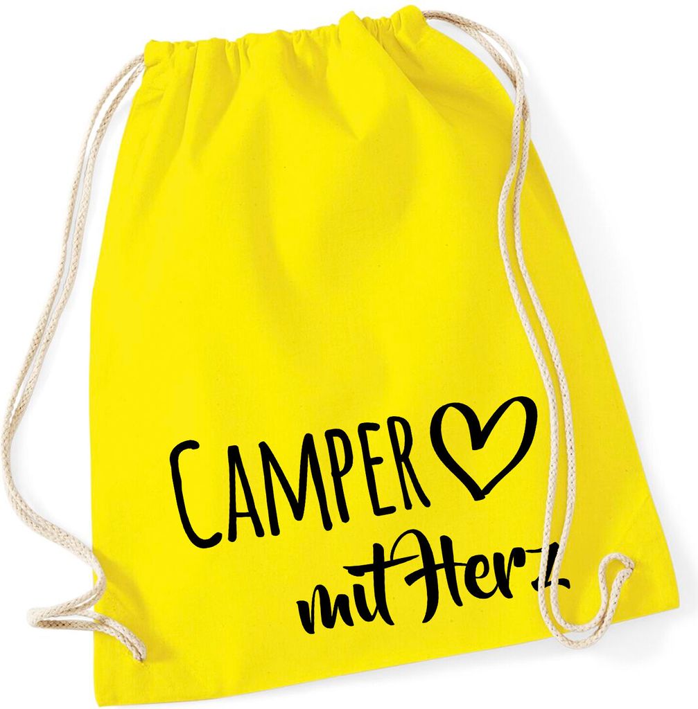 Huuraa Turnbeutel Camper mit Herz 12 Liter Yellow Baumwolle Rucksack Geschenkidee