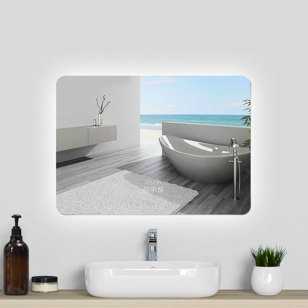 LED Spigel mit Bluetooth und Uhr 80×60cm 3 Lichfarbe dimmbar Memory Touch/Wandschalter Beschlagfrei Badzimmerspiegel