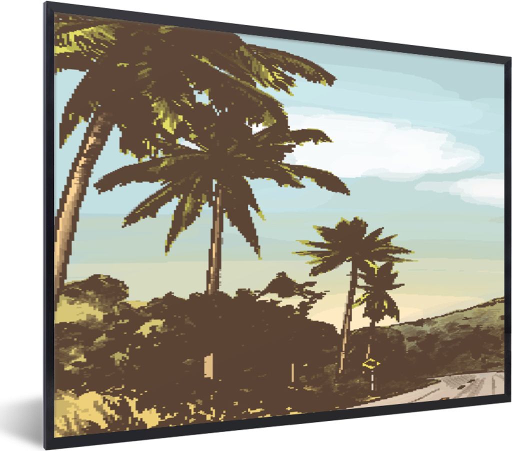 MuchoWow MuchoWow Gerahmtes Poster Strand - Palme - Berg 80x60 cm - Poster mit zchwarzem Bilderrahmen - Schwarzem - Mit Gestell