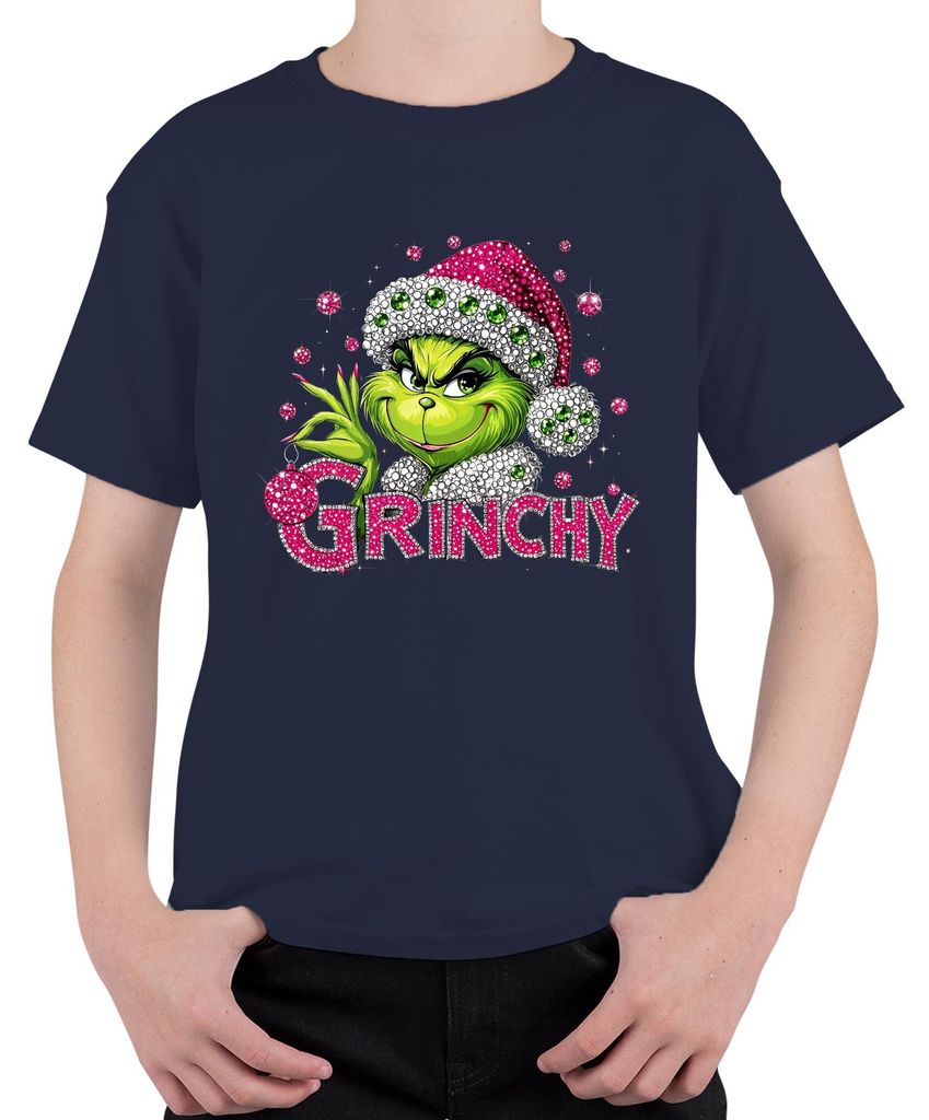Grinch Bling Glitzer Strass Pink Grün Weihnachten Geschenk lustig Uni Kinder T-Shirt, Navy, 116