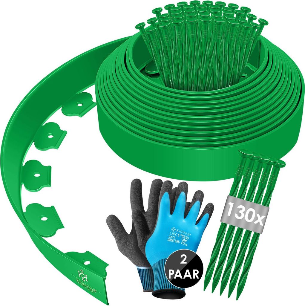 KESSER Flexible Rasenkante aus Kunststoff Länge 10m Höhe 5cm, mit 50 Erdanker + Handschuhe, Beeteinfassung Beetumrandung Beetbegrenzung Mähkan...