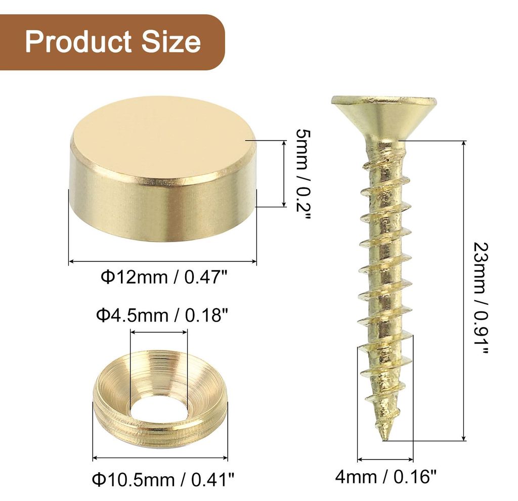 8 Stš¹ck Messing Dekorative Schrauben mit Kappen, 12 mm Spiegelschrauben Abdeckung Selbstschneidende Schrauben zur M?belbefestigung, Gold