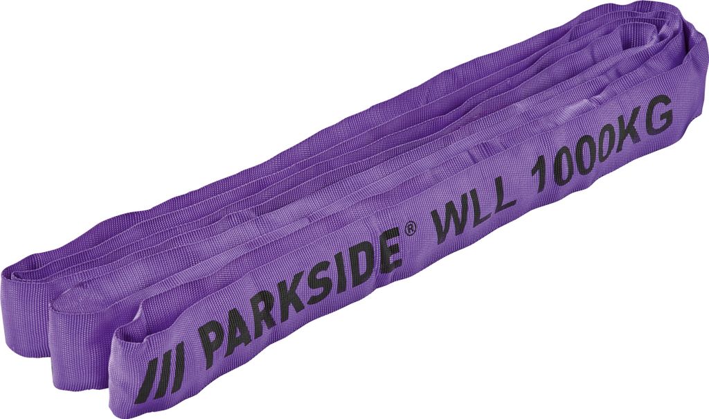 A purple lifting sling is laid out on a white background.