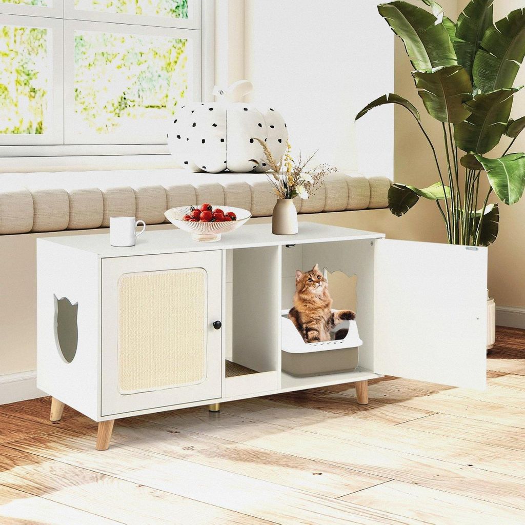 Katzenschrank für Katzentoilette, Katzenklo Schrank mit 2 Türen & Kratzbrett & 2 Sisal-Kratzmatten & Eingang, Katzenhaus für 2 Katzen, Katzenmö...