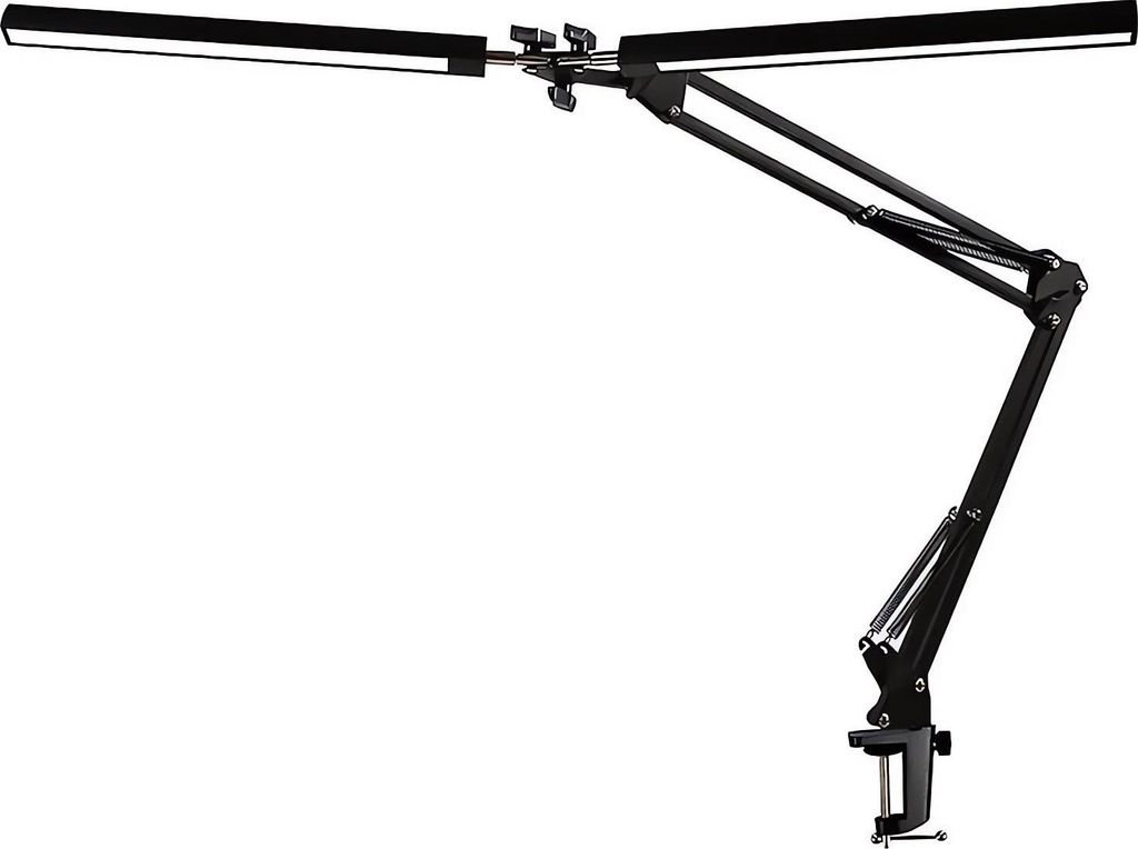A black adjustable desk lamp with two light bars, clamped to a surface.