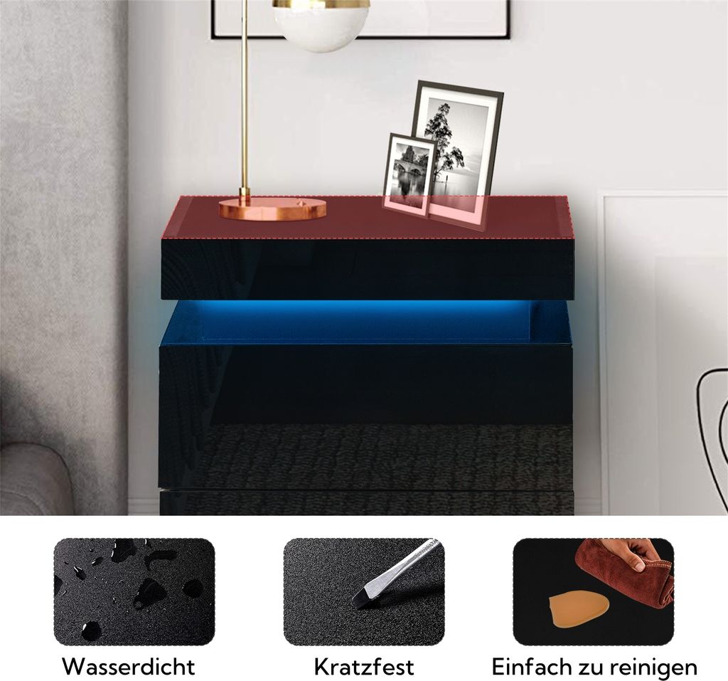 CLIPOP Nachttisch mit LED, 3 Schubladen, 1 Oberer Stauraum, Produktbild 9