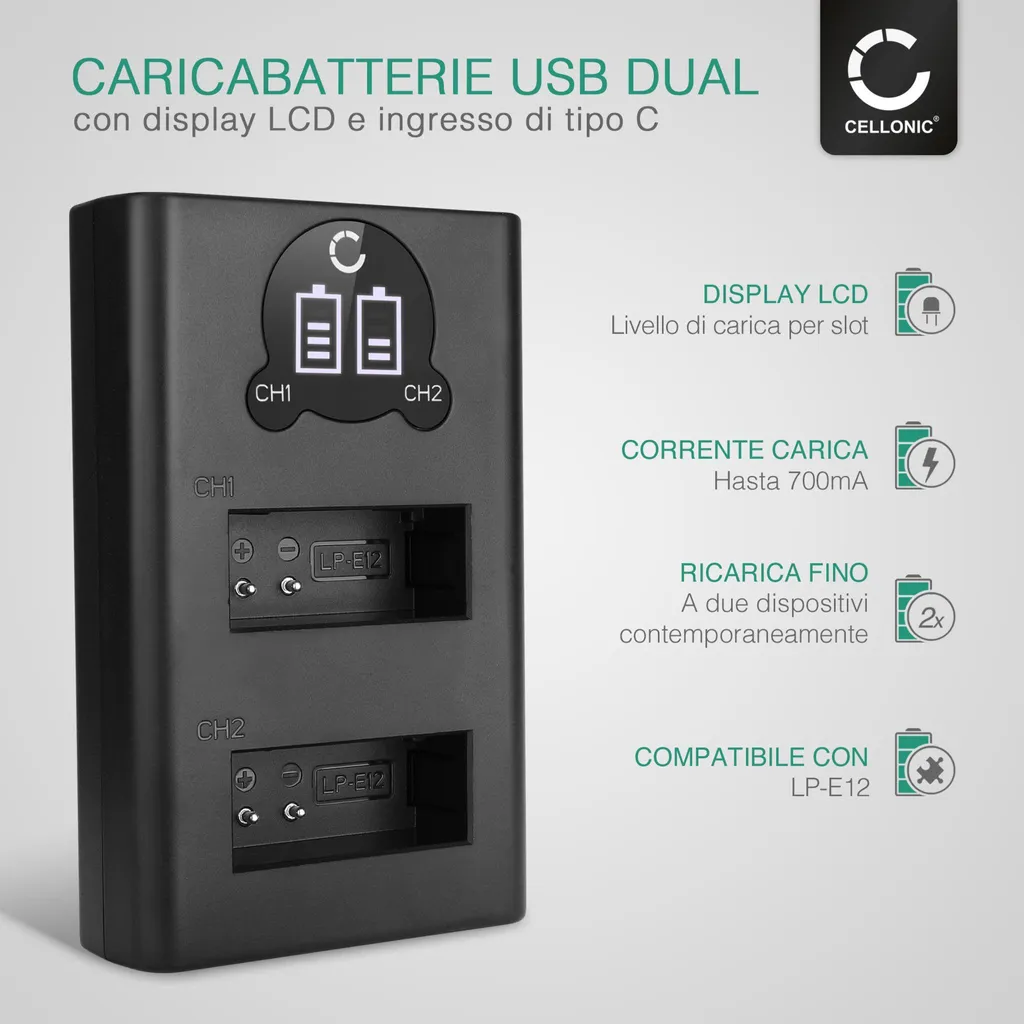 Caricabatterie Doppio CELLONIC LP-E12 | Per Canon EOS 100D e M50 - 2