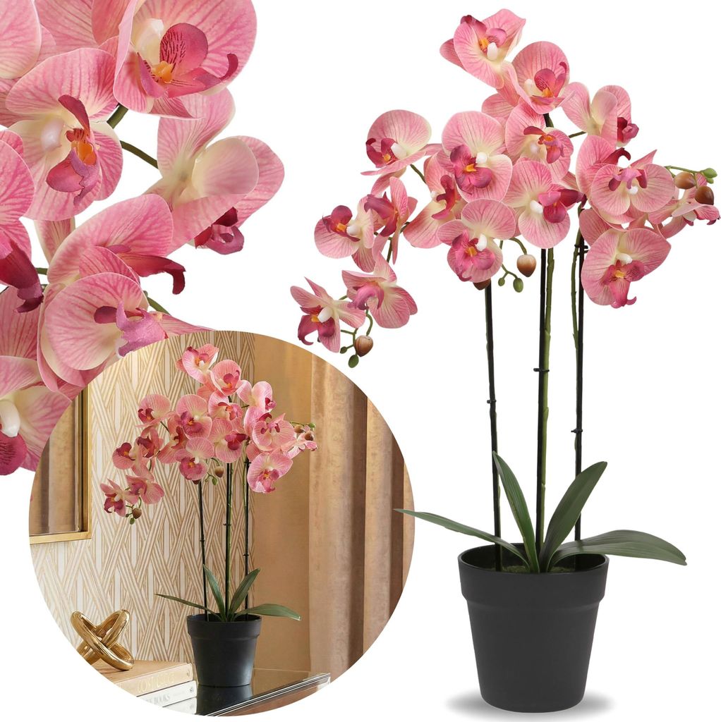 Kunstorchidee lachsrosa im Topf, künstliche Orchidee, täuschend echt, 3 Triebe, 62 cm hoch