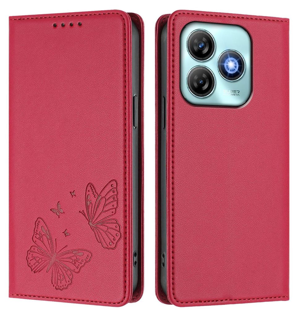 Lederhülle für ZTE Blade A75 4G, Schmetterling Prägung Leder Brieftasche Schutzhülle mit Ständer Rot