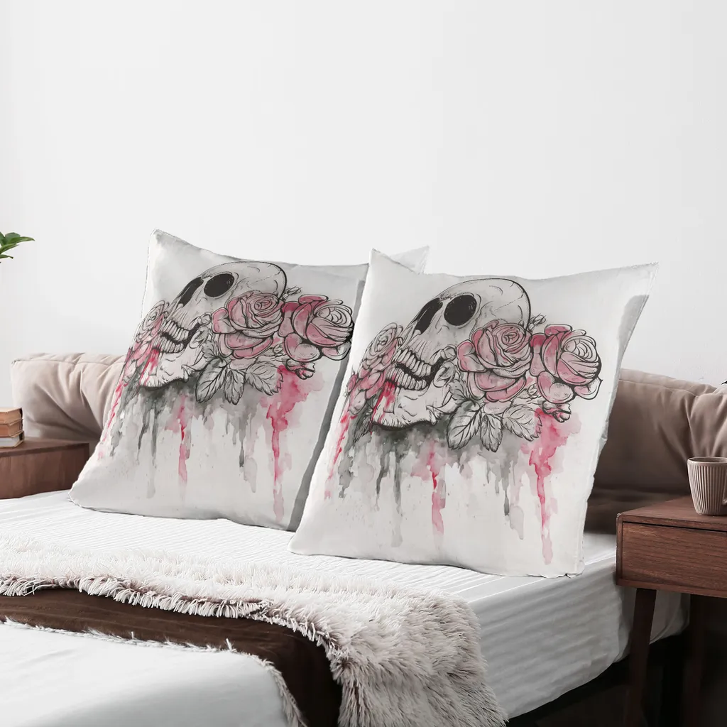 ABAKUHAUS Giorno dei Morti Fodera per cuscino Confezione da 2, Stampa del teschio morto con rose romantiche Celebration Day Festive, Fodera per cuscino decorativa stampata, 80x80 cm, Bianco Rosa chiaro Nero - 2