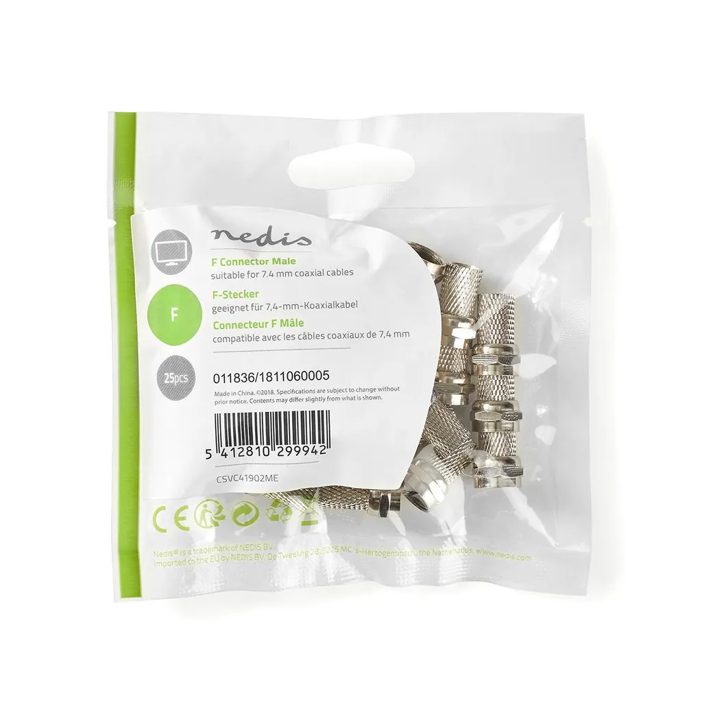 Connettore F | Dritto | Maschio | Nichelato | 75 Ohm | Twist-On | Diametro ingresso cavo: 7,4 mm | Lega di zinco | Argento | 25 pz. | Sacchetto di plastica - 6