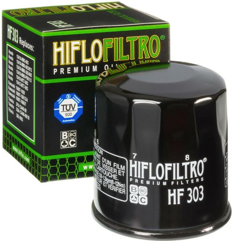 A Hiflofiltro HF 303 oil filter and its packaging.