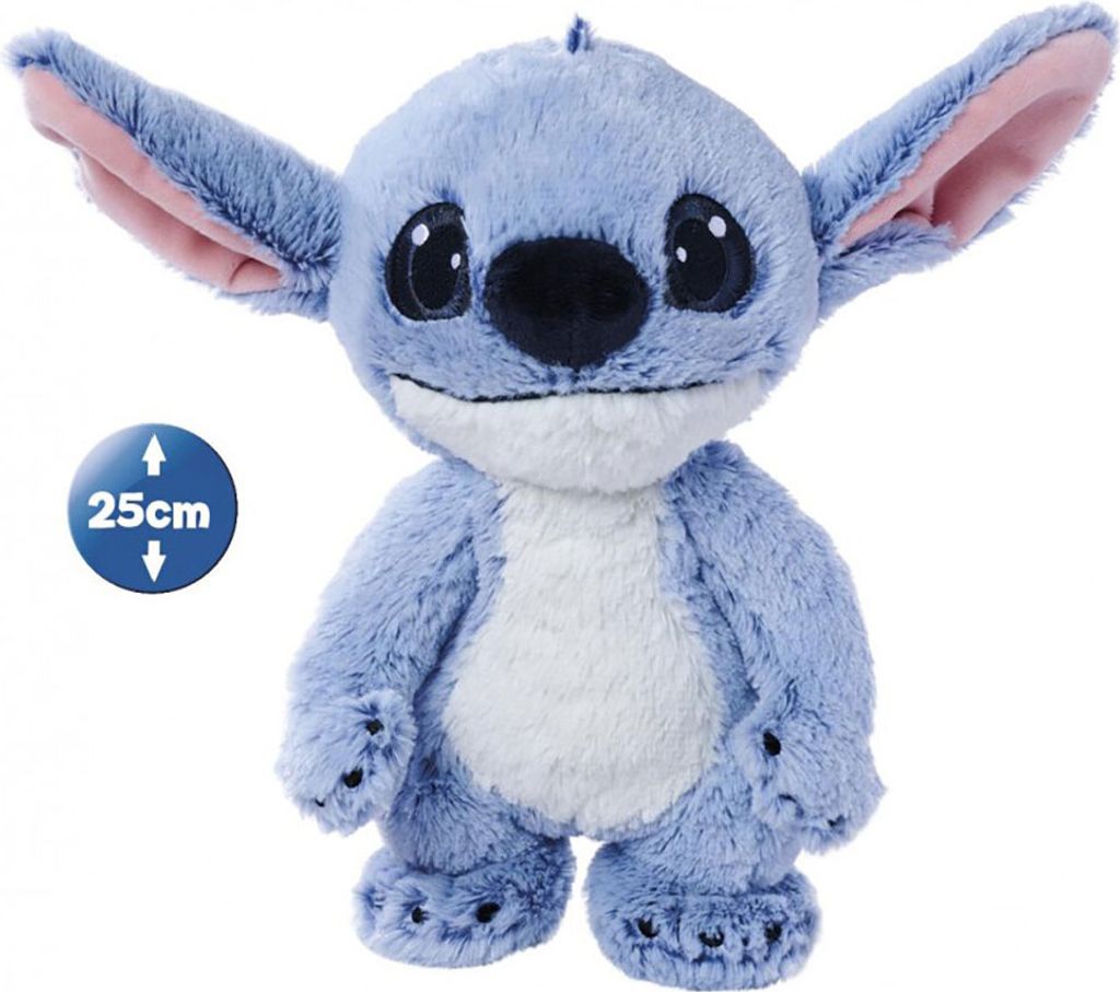 A blue plush toy of the character Stitch from Disney's Lilo & Stitch franchise, standing on a white background.