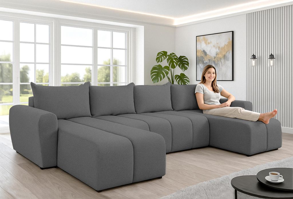 AX LIVING Ecksofas groß Ferrande 317 cm – Sofa dunkelgrau mit Schlaffunktion & Struktur
