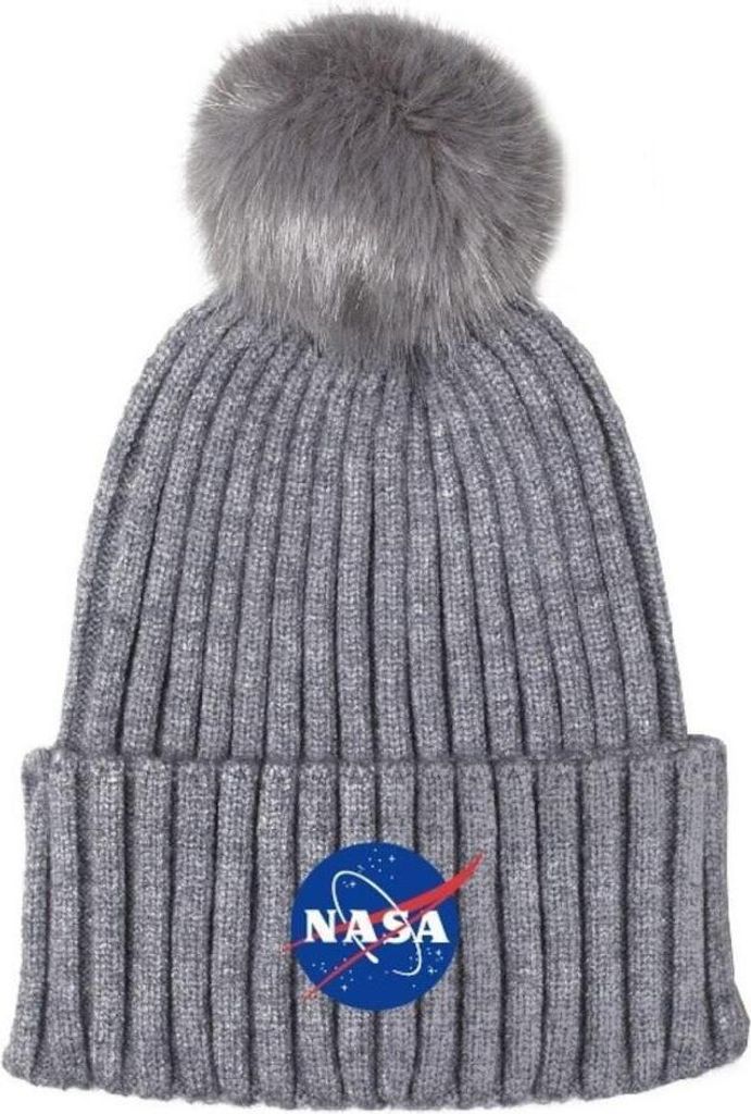 NASA Strickmütze mit Bommel / Pompons, Bommelmütze, grau mit Schriftzug und Logo, 56