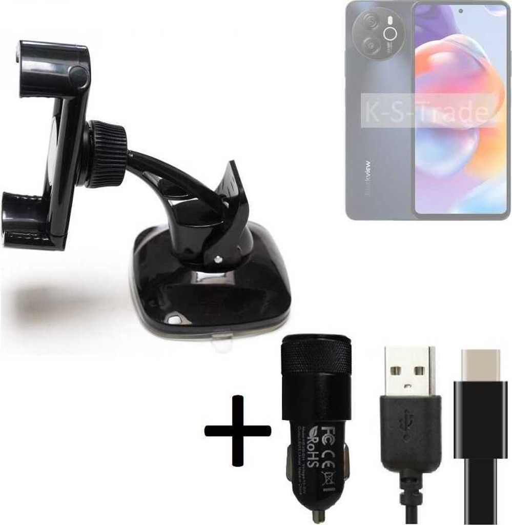 K-S-Trade Handy-Halterung kompatibel mit Blackview Shark 8 Windschutzscheibe / Armaturenbrett + LADEGERÄT mit Mico USB Kabel Autohalterung