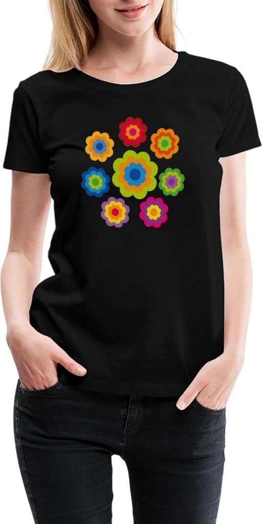 Spreadshirt 70er Jahre Hippie Flower Power Kostüm Blumen Outfit Frauen Premium T-Shirt, XXL, Schwarz