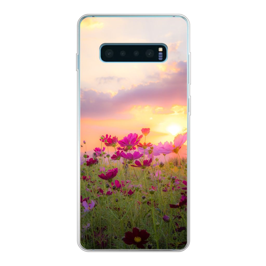 MuchoWow Handyhülle Schutzhülle Hülle für Samsung Galaxy S10 Plus Sonnenuntergang - Blumen - Rosa - Natur - Grün Silikon Softcase Handy Hül...