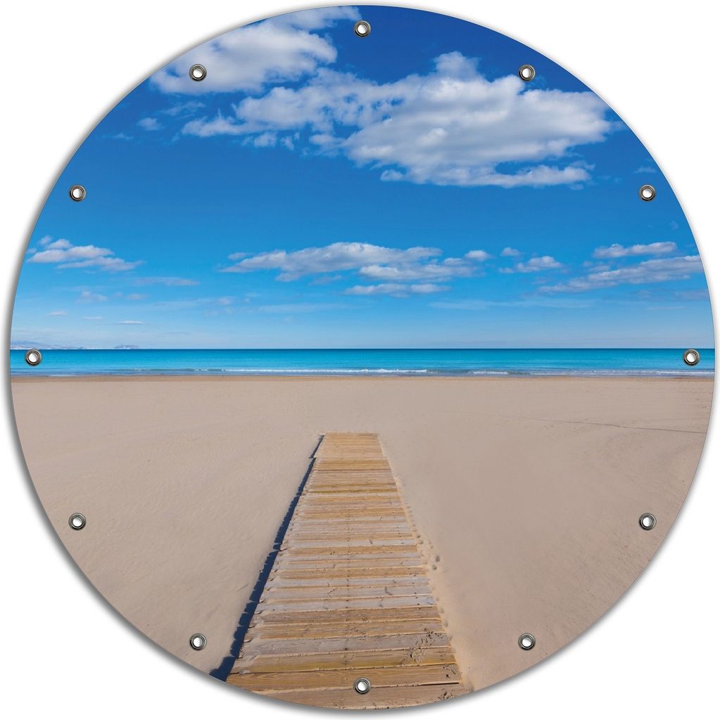Wallario rundes Outdoor-Poster für Garten oder Balkon, Motiv Auf dem Holzweg zum blauen Meer, 90 cm Durchmesser