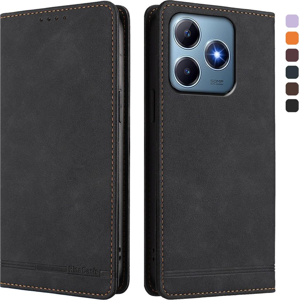 Hülle für Realme C63 4G, Retro Kunstleder Ständer Klapphülle mit Kartenfächer und Magnetische Schwarz