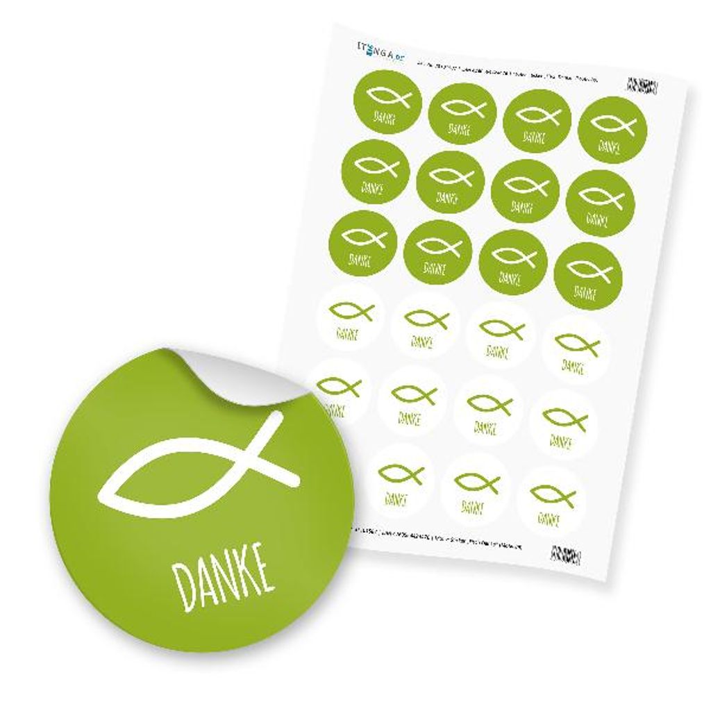 24x Sticker Fisch Danke (Motiv 89) grün 4cm Taufe Kommunion Konfirmation
