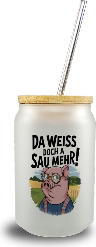 Cartoon Sau mit Brille Trinkglas mit Bambusdeckel A Sau weiß mehr