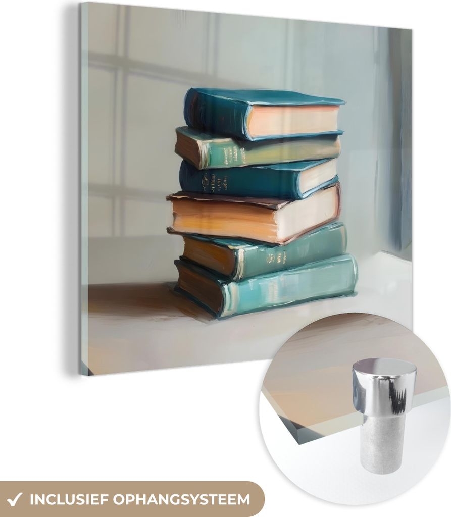 MuchoWow Glasbilder - Bilder auf Wandbild - Foto auf Glas Stapel - Bücher - Grün - Tageslicht 40x40 cm Wanddekoration aus Glas - Acrylglasbild - ...