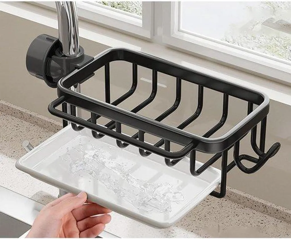 Porte-éponge pour Robinet de Cuisine Noir et Organisateur d'Évier Lekbak