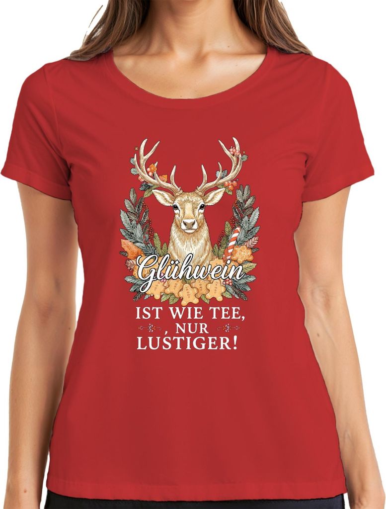 Glühwein ist wie Tee nur viel lustiger Weihnachten Retro Hirsch Damen T-Shirt, Rot, XXL