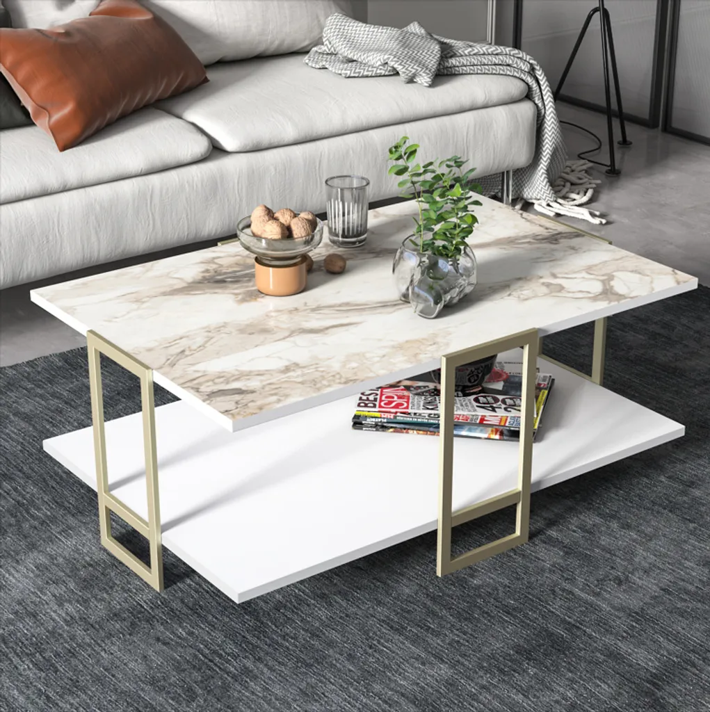 Table basse salon marbre blanc et doré pour plateau télé convivial - 5