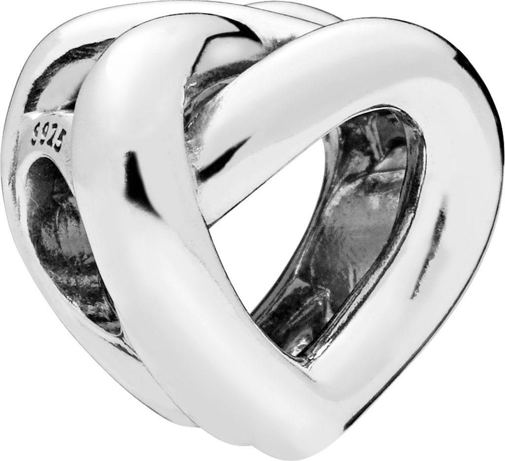 A close-up studio shot of a silver charm shaped like two intertwined hearts.