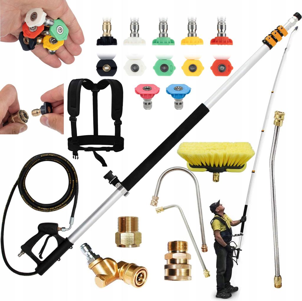 PowerReach ProMax 6,3 m - Teleskoplanze für Hochdruckreiniger | 4000 PSI | 7 Düsen | Set mit abgewinkelten Spitzen, Bürste und Tragegurt