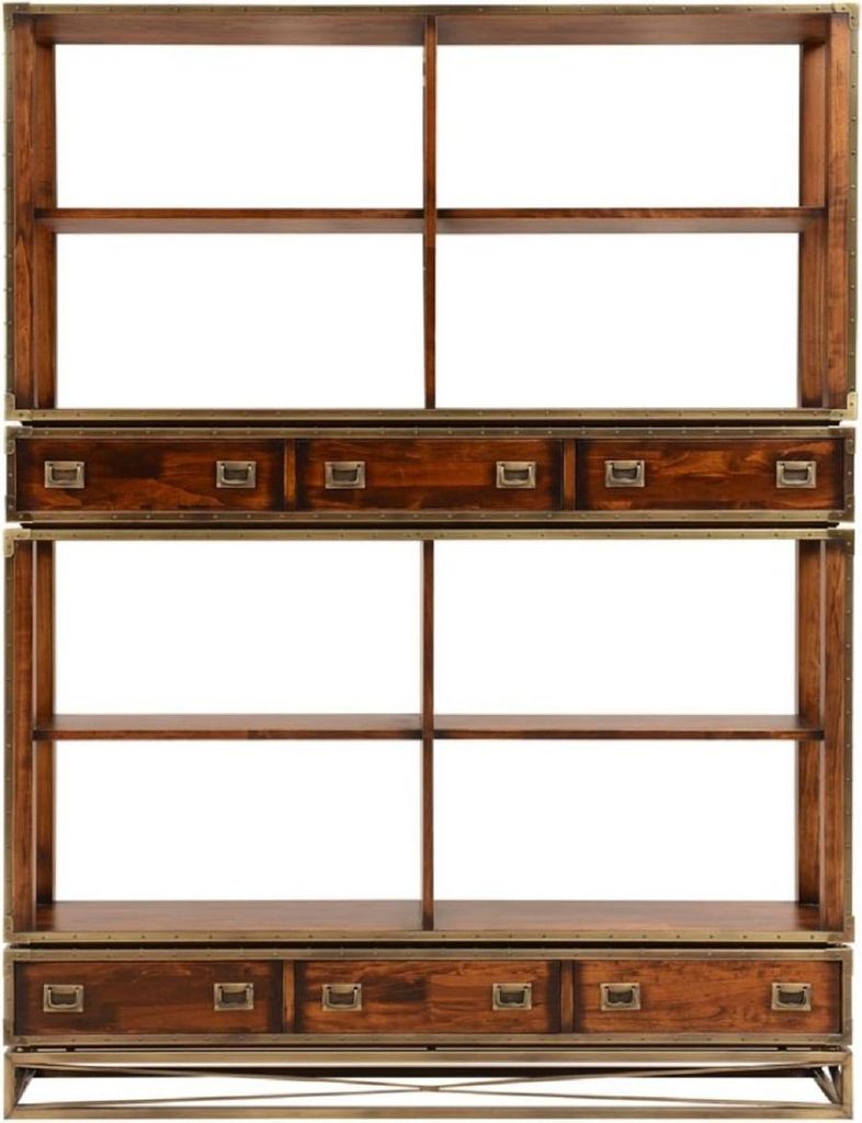 Casa Padrino Luxus Vintage Stil Regalschrank Braun / Messing 152 x 35 x H. 200,5 cm - Vintage Stil Bücherschrank mit 6 Schubladen - Luxus Wohnzimm...