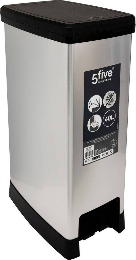 A silver and black slim trash can with a black lid.