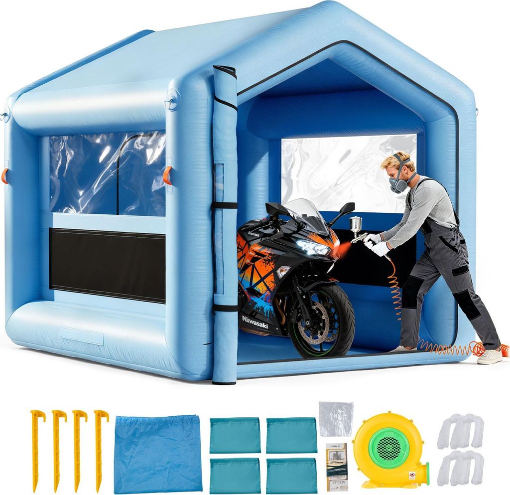 Aufblasbare Lackierkabine - Spritzkabinen-Zelt 3 x 2,5 x 2,5 m - 550 W Gebläse - Luftfiltersystem - Klares Fenster - Dreieckdach - 210D Oxford-Gew...