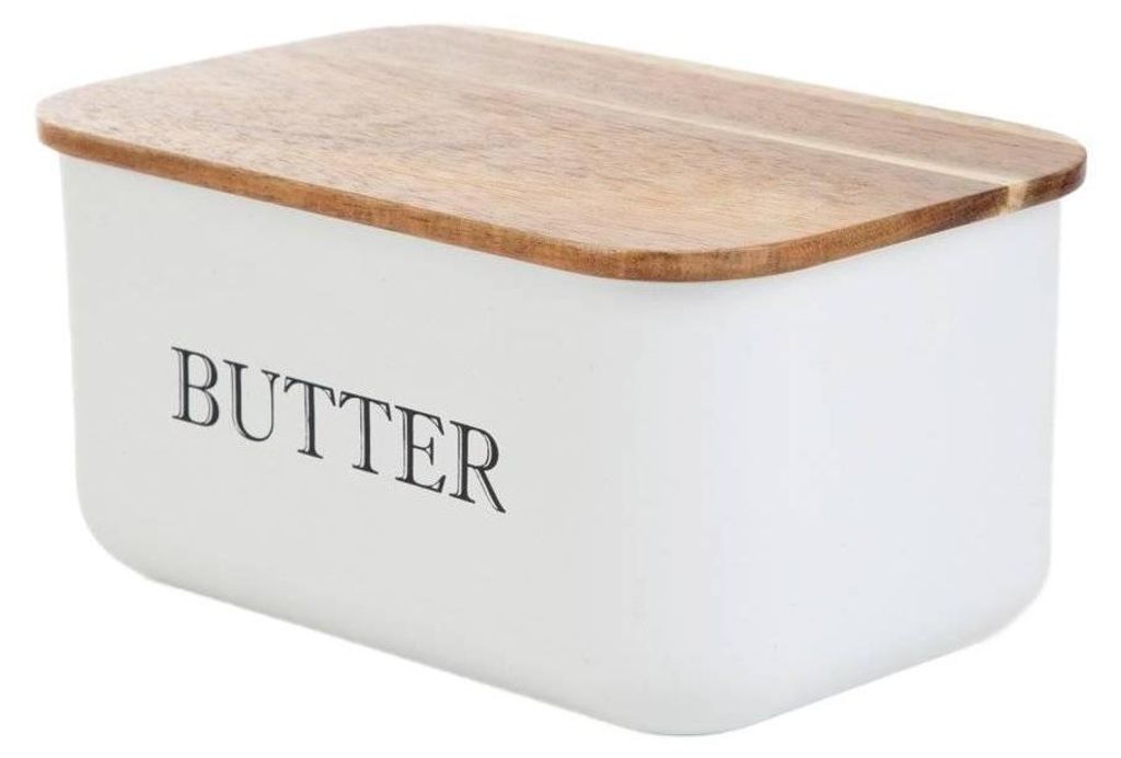 A white butter dish with a wooden lid, labeled "BUTTER".