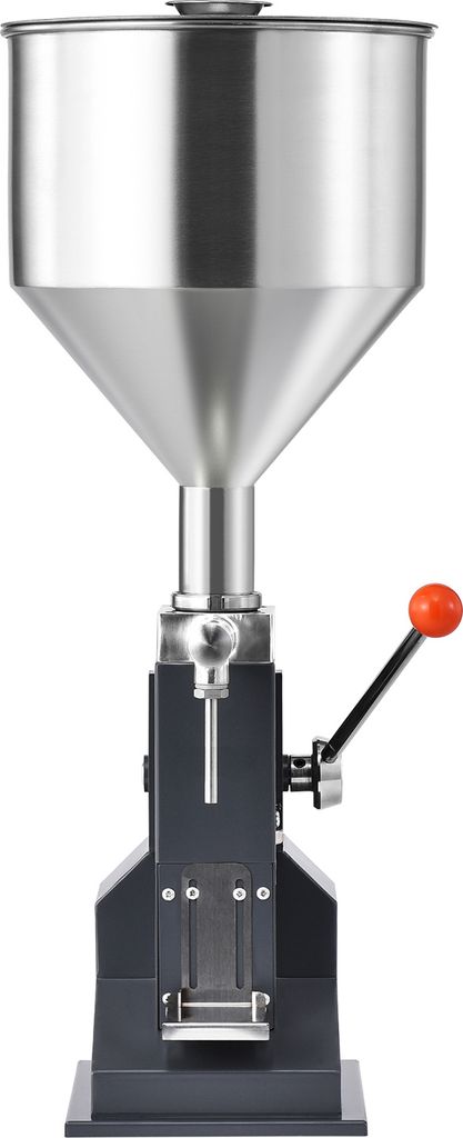 A manual filling machine with a hopper and a lever.